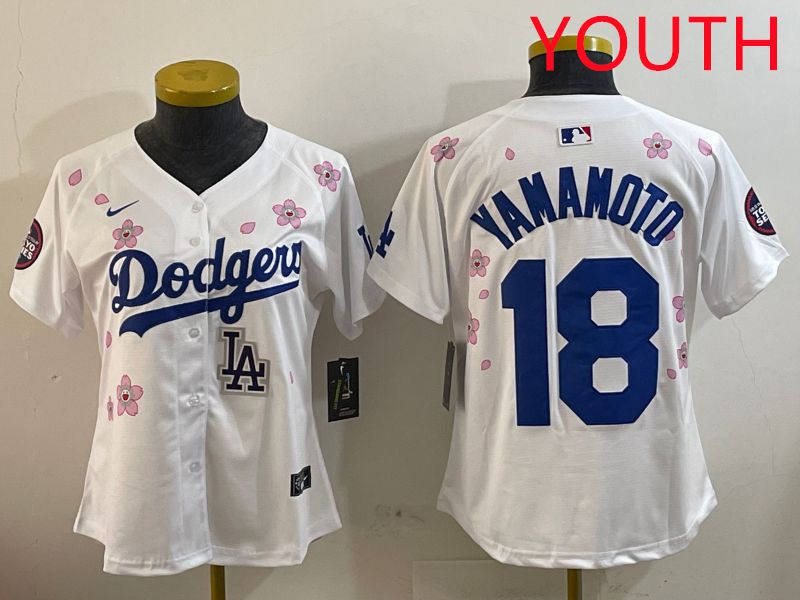 Youth Los Angeles Dodgers #18 Yamamoto White Sakura Edition 2025 Nike MLB Jersey style 9